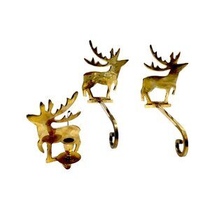 Vintage Brass Deer Christmas Stocking & Candle Holders Set Of 3